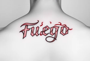 The word Fuego as a small lower back tattoo in red letters tattoo idea