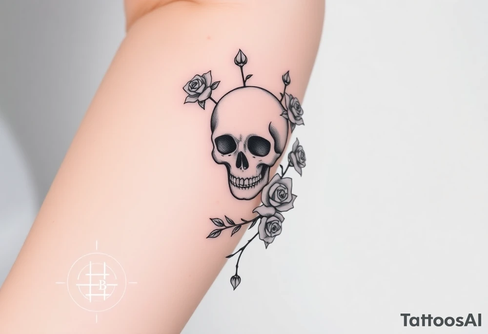 gothic skull intertwined with climbing roses and thorny vines tattoo idea