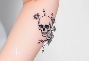 gothic skull intertwined with climbing roses and thorny vines tattoo idea
