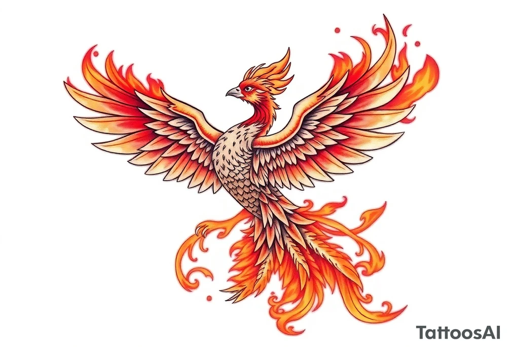 large fiery phoenix surrounded by fire. with a crown of fire flapping wings with a flaming tail tattoo idea