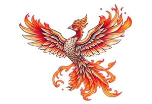large fiery phoenix surrounded by fire. with a crown of fire flapping wings with a flaming tail tattoo idea