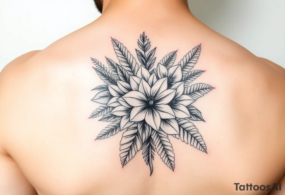 Bouquet made of birth flowers for the months of April May, June and August with exotic foliage like fern leaves and Monstera tattoo idea