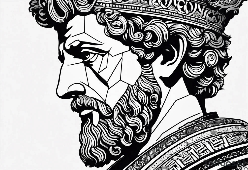 The Face of marcus aurelius with the lower left half missing. He is looking slightly away at 25 degrees. Geometric symbols framing the background tattoo idea