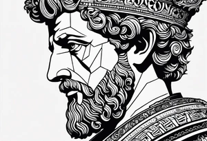 The Face of marcus aurelius with the lower left half missing. He is looking slightly away at 25 degrees. Geometric symbols framing the background tattoo idea