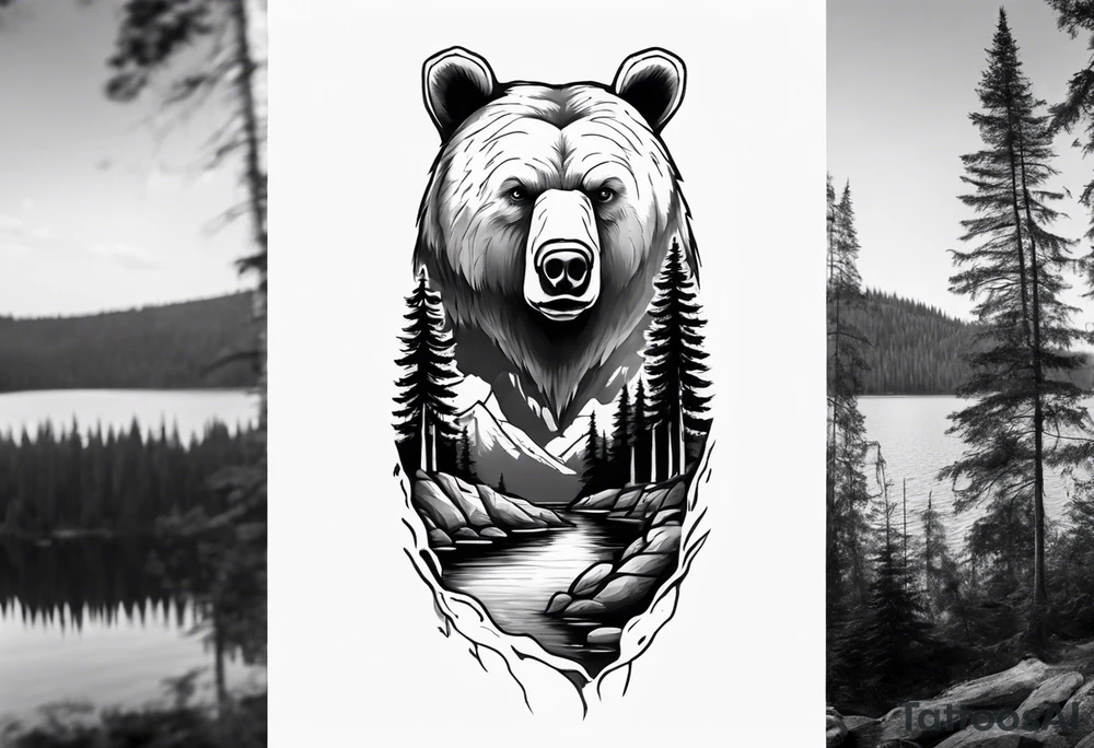 bear head right above the forest line with a lake below, full arm sleeve tattoo tattoo idea