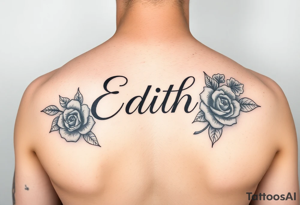 Edith tattoo with a cursive e with a rose half-sleeve tattoo idea Edith tattoo with a cursive e with a rose half-sleeve tattoo idea