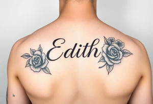 Edith tattoo with a cursive e with a rose half-sleeve tattoo idea