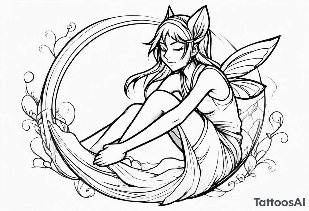 No color sketch of a fairy with a tail inspired by the guild symbol in the anime show called Fairy Tail in a fetal position leaning in and forward while crawled in hugging herself floating with hands a bit forward tattoo idea