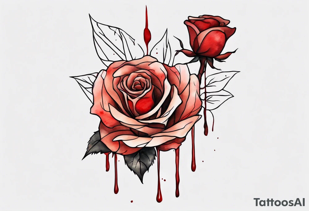 rose flower, one line, red blood dripping from the flower, tall, watercolor on light brown skin tattoo idea