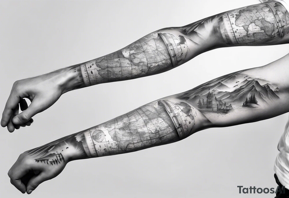 full arm tattoo for man with images of maps and travel and dna strands and music tattoo idea