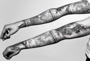 full arm tattoo for man with images of maps and travel and dna strands and music tattoo idea