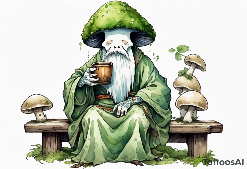 a kodama wearing a mushroom hat and a mossy beard and a medieval tunic drinking from a wood cup, sitting on a bench smiling tattoo idea