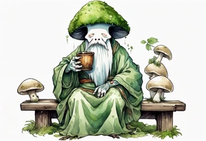 a kodama wearing a mushroom hat and a mossy beard and a medieval tunic drinking from a wood cup, sitting on a bench smiling tattoo idea