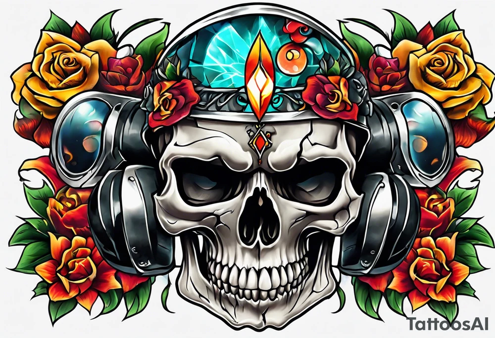 Bright bold Neo traditional realistic broken skull with third eye tattoo idea