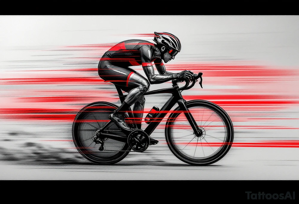 A hyper-realistic cyclist in mid-sprint, with motion blur effects and red and black racing stripes, symbolizing speed and determination. tattoo idea