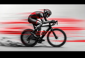 A hyper-realistic cyclist in mid-sprint, with motion blur effects and red and black racing stripes, symbolizing speed and determination. tattoo idea