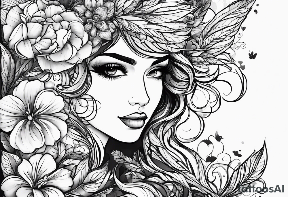 Florais com folhas em traços finos que se encaixe no braço ou perna tattoo idea