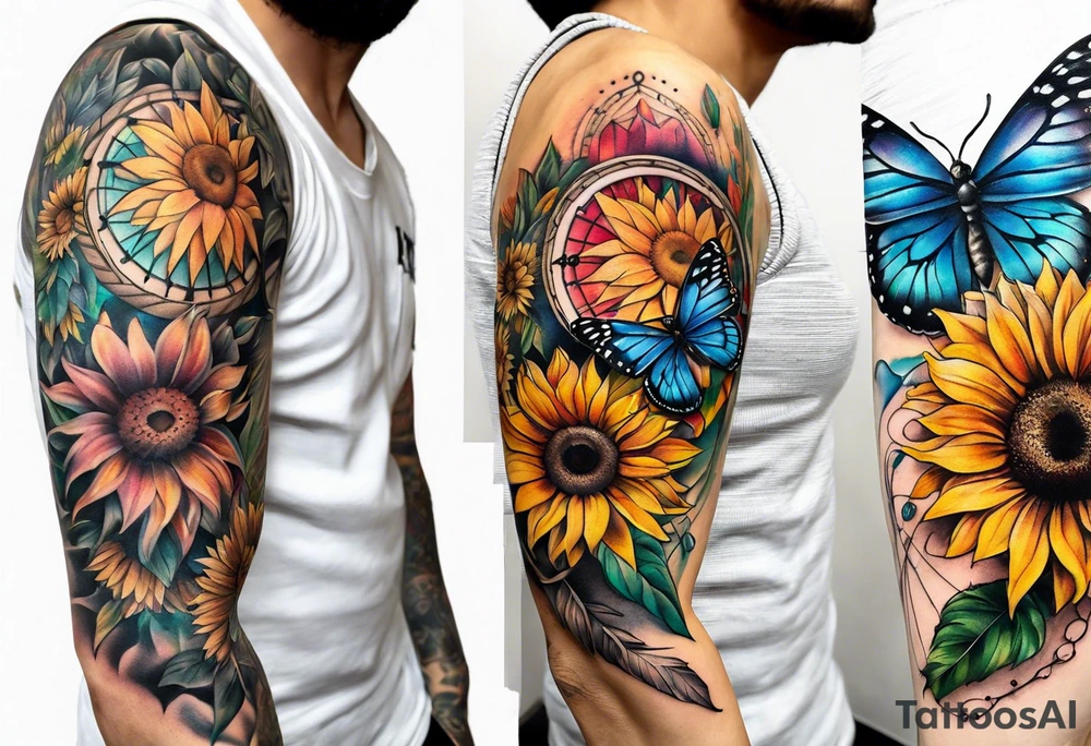 arm sleeve with dreamcatcher, rainbow sunflowers and one butterfly tattoo idea