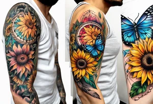 arm sleeve with dreamcatcher, rainbow sunflowers and one butterfly tattoo idea