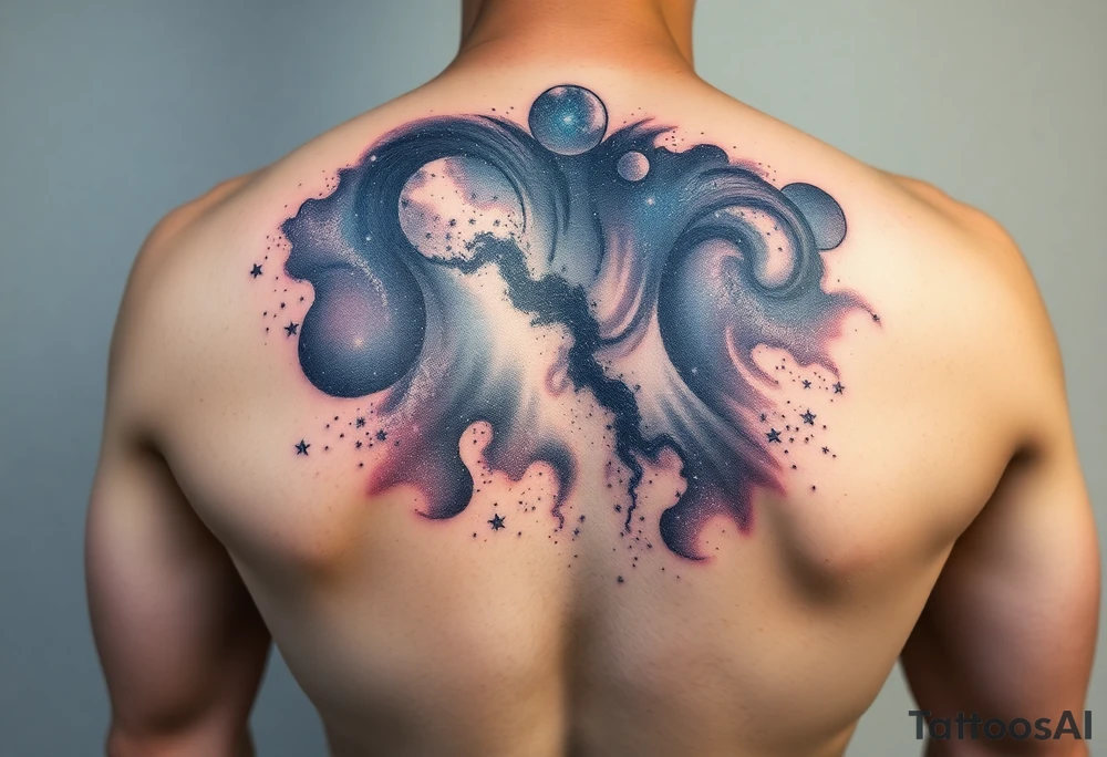Beautiful and epic 3d milky way that appears to be what is beneath the skin. Make it drape over the shoulder and move to the middle back. use negative spaces to create stars and dust. Keep it symmetrical tattoo idea