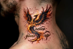 A burning phoenix rising behind the phrase "never give up" in metallic gold script. tattoo idea