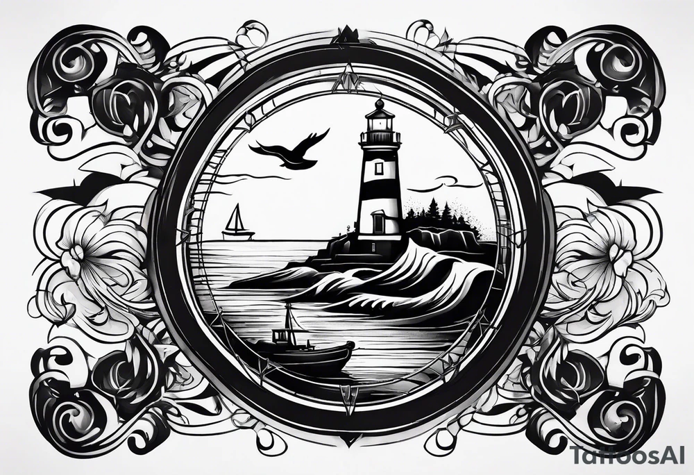 minimalist open book with a lighthouse in the middle and a compass to wrap around forearm tattoo idea