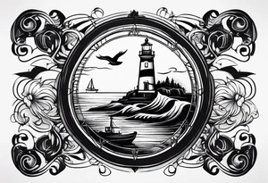 minimalist open book with a lighthouse in the middle and a compass to wrap around forearm tattoo idea