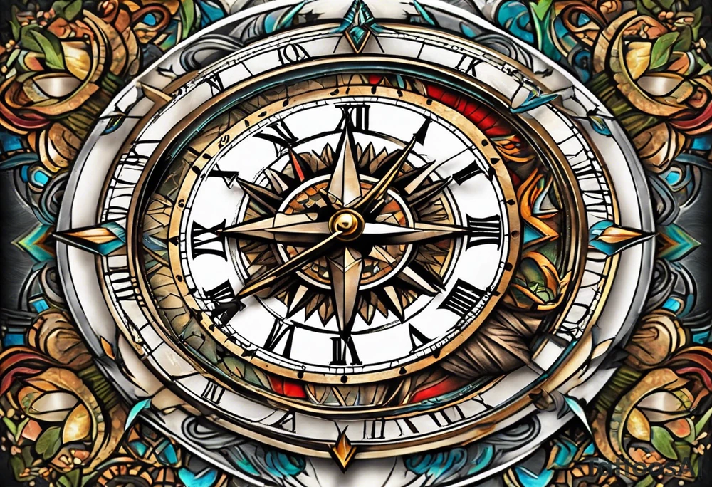 half compass half clock with arrow in the middle; nature on one side, cityscape on one side tattoo idea