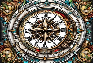 half compass half clock with arrow in the middle; nature on one side, cityscape on one side tattoo idea