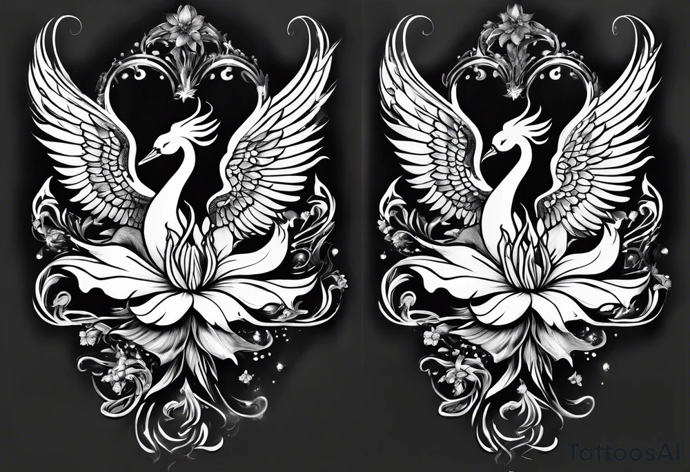 a back tatoo with a  fenix  with flames and that blooms with madonna lily's tattoo idea