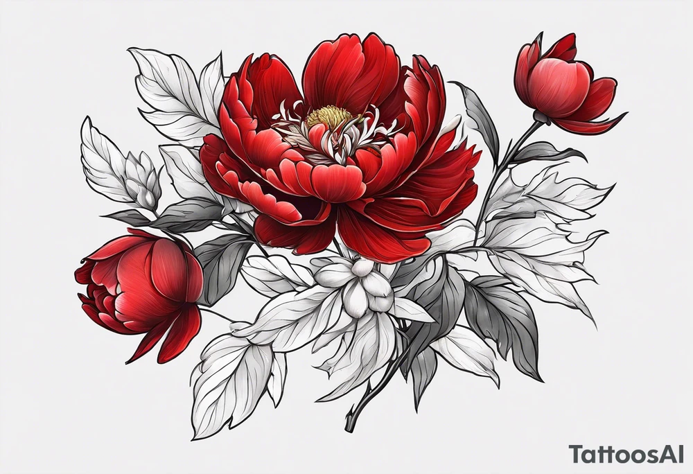 Red peony with floating petals with a tiny rabbit tattoo idea