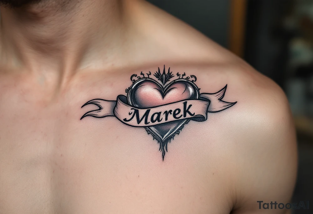 A metallic silver heart with a banner wrapped around it that reads Marek. tattoo idea