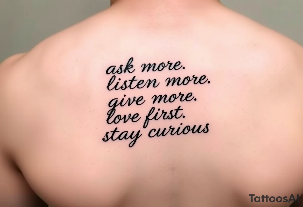 a tattoo on a man's front left clavicle that reads ask more. listen more. give more. love first. stay curious. tattoo idea
