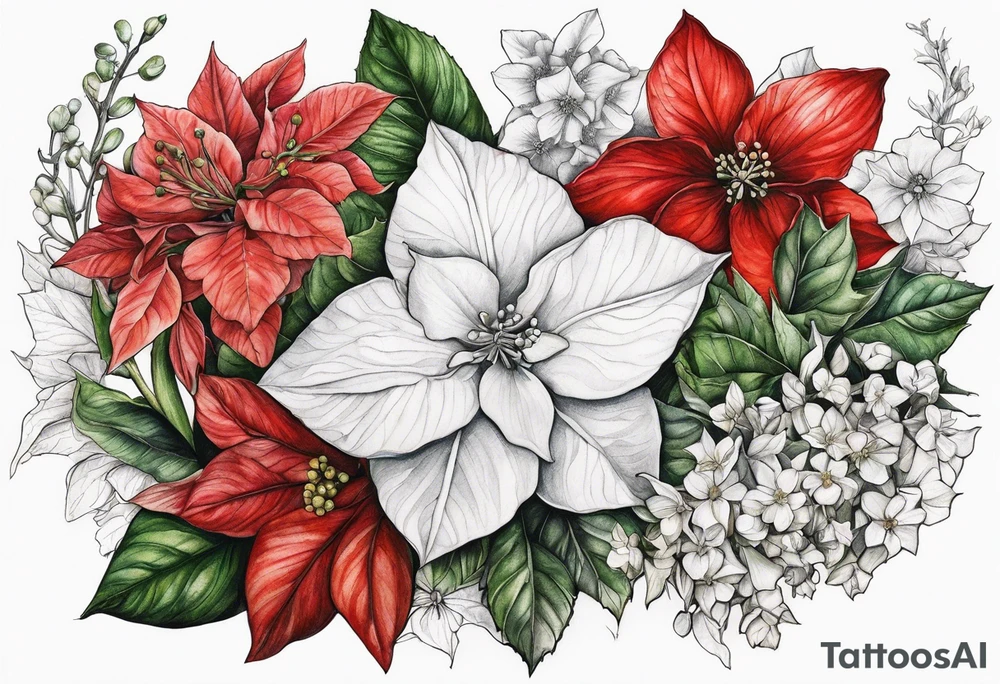 Hydrangea, Narcissus, Poinsettia, Holly, Gladiolus, Poppy, Daisy, Sweet Pea floral tattoo idea