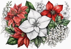 Hydrangea, Narcissus, Poinsettia, Holly, Gladiolus, Poppy, Daisy, Sweet Pea floral tattoo idea