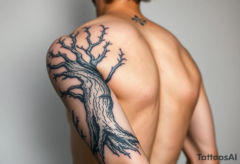 Full sleeve arm tattooed like tree bark with roots at the bottom around the wrist and branches into three at the top by the shoulder tattoo idea