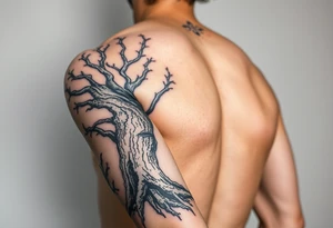 Full sleeve arm tattooed like tree bark with roots at the bottom around the wrist and branches into three at the top by the shoulder tattoo idea