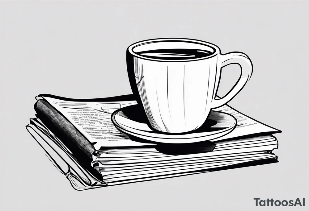 Cylindrical Coffee mug sitting on top of a folded newspaper, with a comb inside of the coffee mug tattoo idea