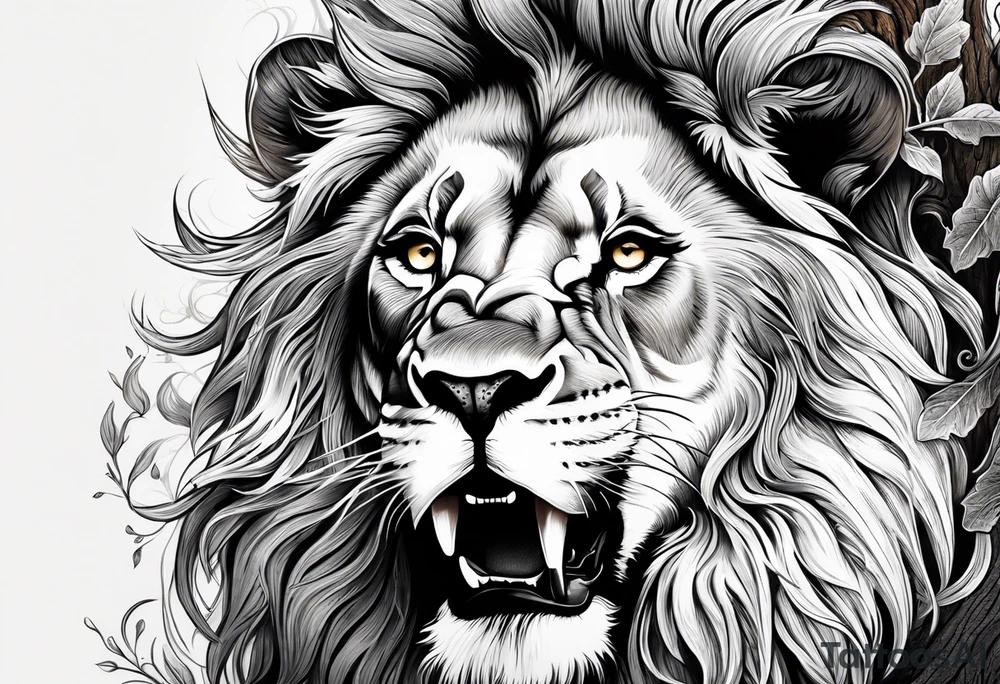 Create a roaring lion in the shape of oak tree tattoo idea