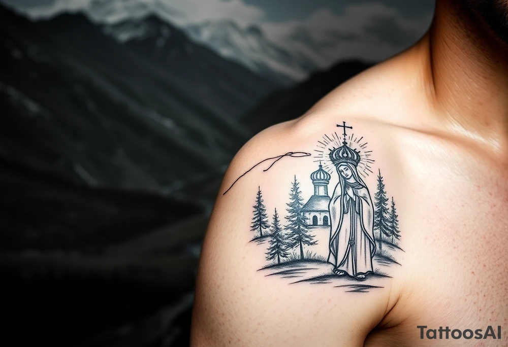 Mountainous valley with creek and a few trees with a Russian orthodox kazan scene covering my shoulder entering my upper arm with a Russian orthodox Virgin Mary tattoo idea