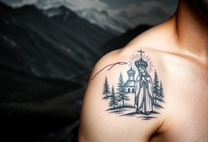 Mountainous valley with creek and a few trees with a Russian orthodox kazan scene covering my shoulder entering my upper arm with a Russian orthodox Virgin Mary tattoo idea