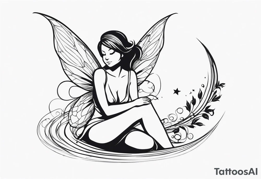 Minimalistic, monochromatic fairy with a tail flying to the left in a fetal position, leaning and looking in the same direction, with visible hands, embodying the 'Fairy Tail' logo aesthetic. tattoo idea