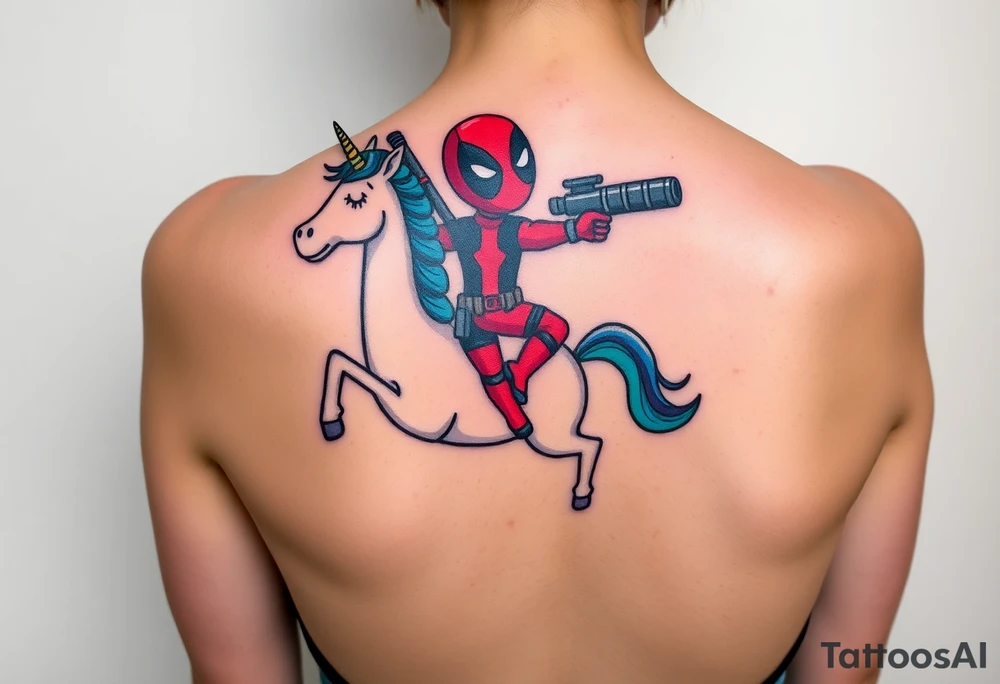 Deadpool riding unicorn pointing rocket propelled grenade launcher tattoo idea
