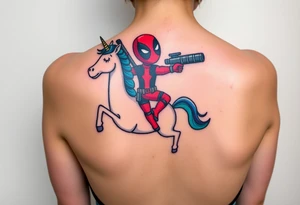 Deadpool riding unicorn pointing rocket propelled grenade launcher tattoo idea