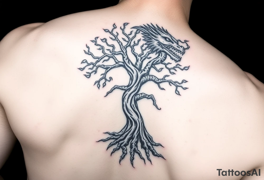 tree of life with a dragon encircling it. the trees roots are absorbing the dragons tale while the dragon eats the top of the tree tattoo idea