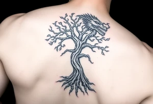tree of life with a dragon encircling it. the trees roots are absorbing the dragons tale while the dragon eats the top of the tree tattoo idea