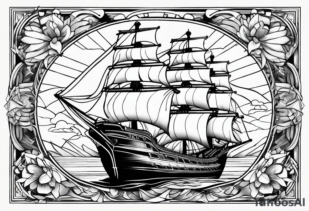 Ship with a Phoenix and the background. Geometric design layered through the design tattoo idea