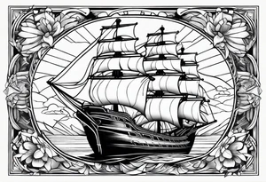 Ship with a Phoenix and the background. Geometric design layered through the design tattoo idea