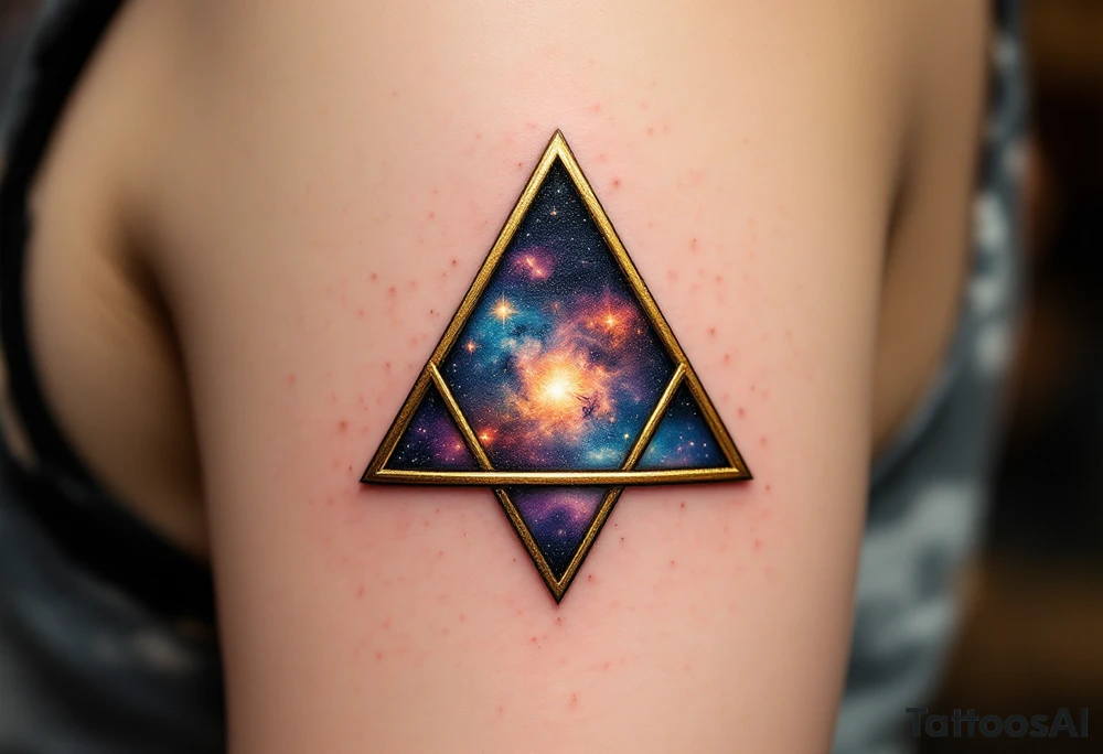 A gold-outlined triangle with a galaxy background, capturing the mystery of the universe. tattoo idea