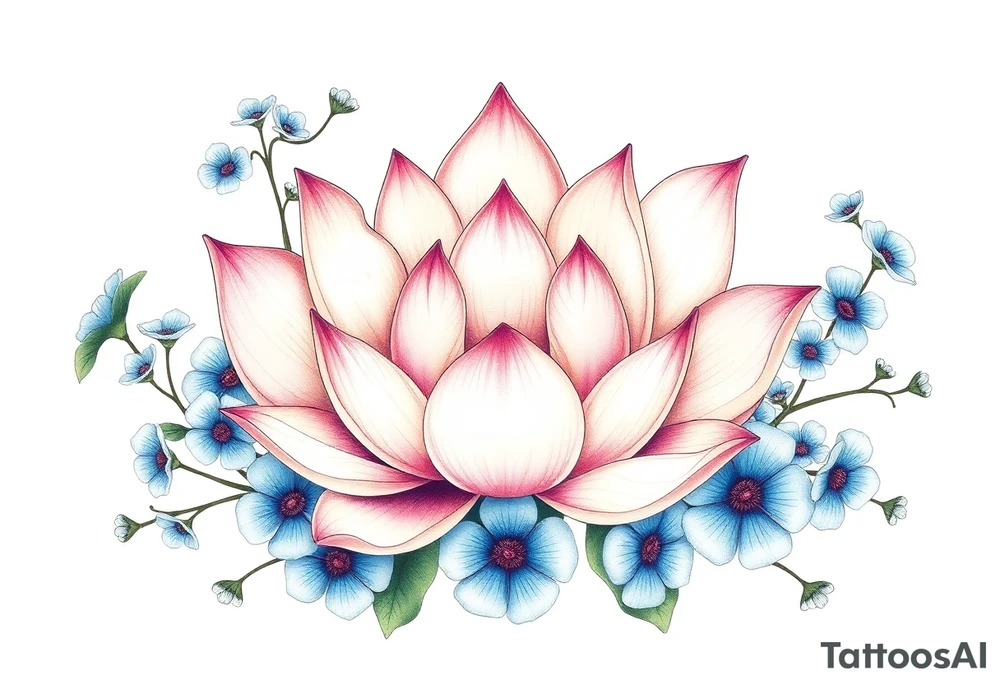 Lotus flower surrounded by forget me nots and peonies tattoo idea